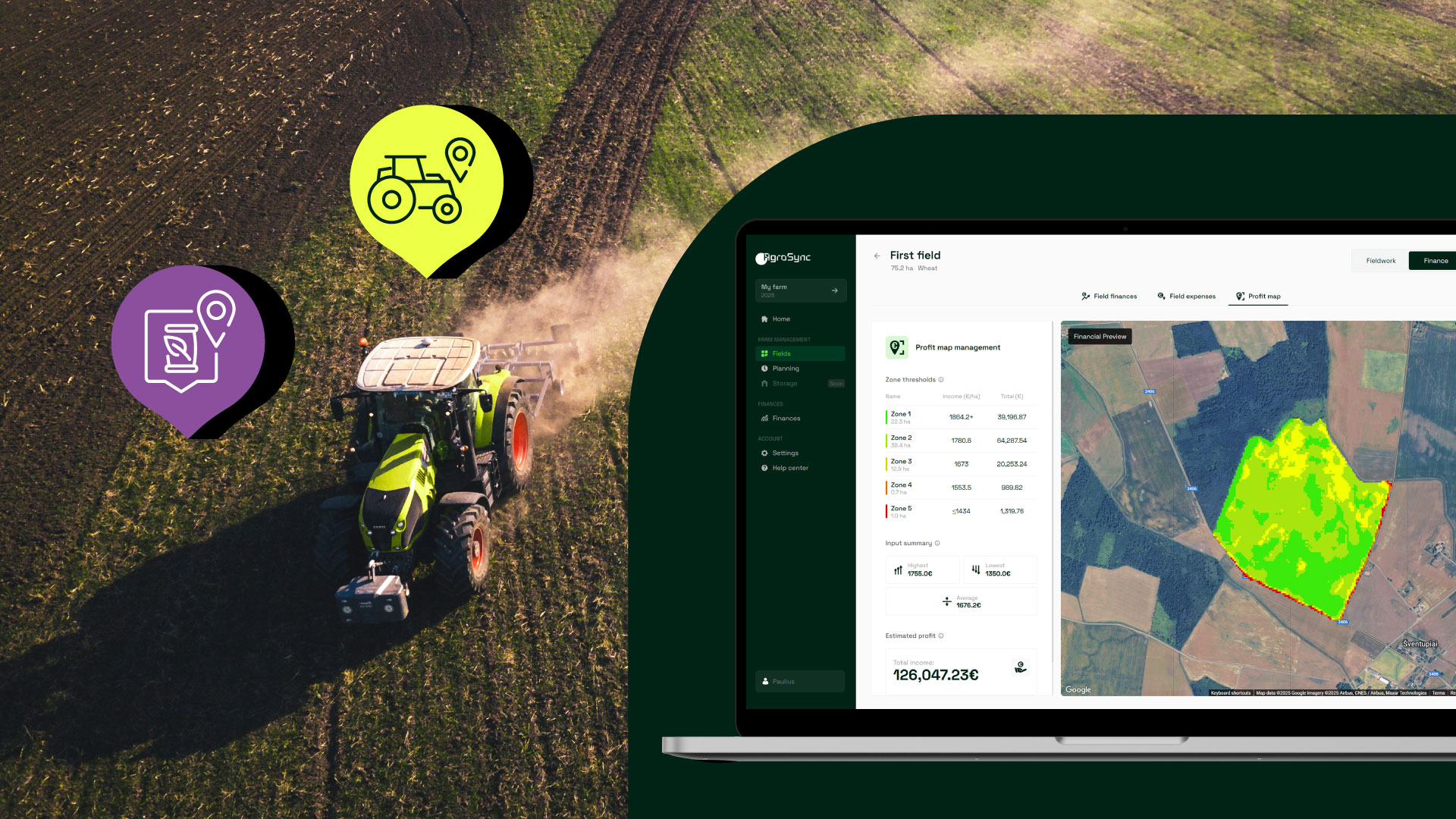 Dashboard moderno de gestión agrícola con mapas de campos y finanzas
